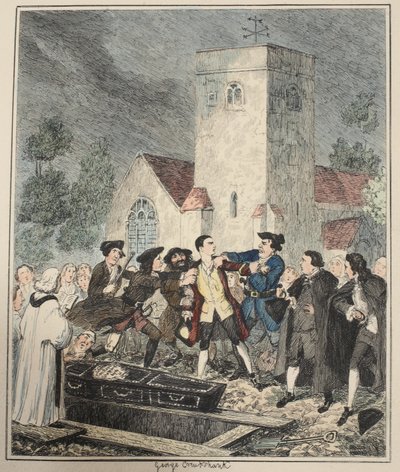 Jonathan Wild megragadja Jacket anyja temetésén a Willesden Churchyardban, illusztráció a Jack Sheppard: A Romance szerzőtől, William Harrison Ainsworth, 1839-ben (kézzel színes rézkarc) alkotó: George Cruikshank